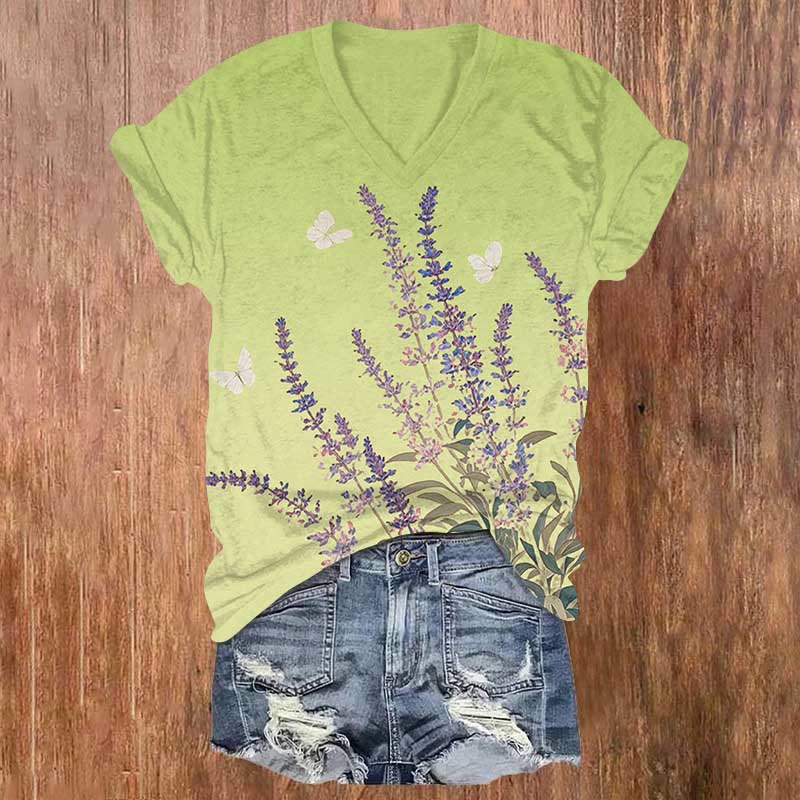 Romantic Lavender & Butterfly Art Print V-neck T-shirt - Green - US32-34(5XL) - image 3