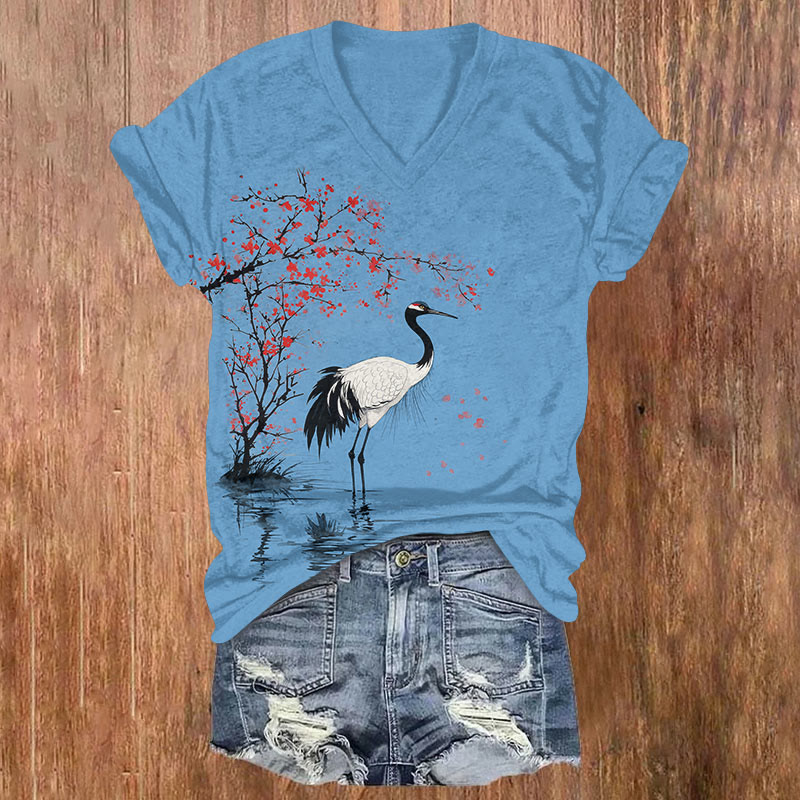 Japanese Crane With Floral  Print V-neck T-shirt - Blue - US32-34(5XL) - image 3