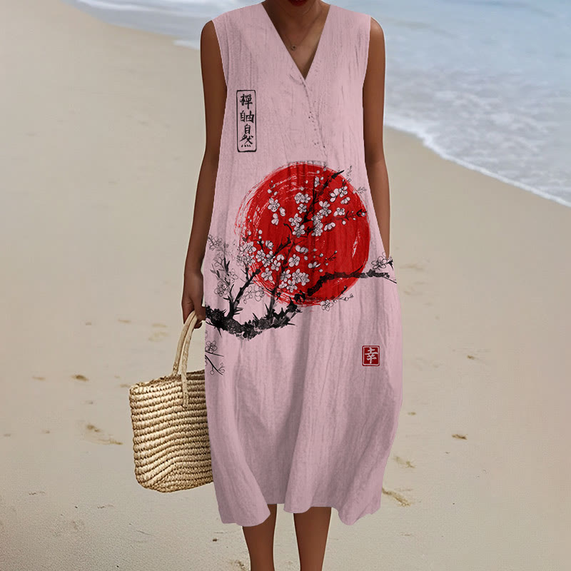 Women's Sunrise Japanese Art Print V-neck Sleeveless Dress - Pink - 5XL - image 3