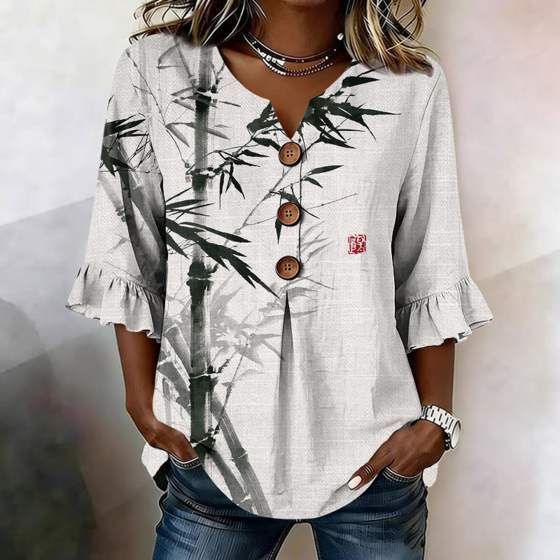 Vintage Japanese Sumi-e Ink Bamboo Pattern Print Button V-neck Blouse With Ruffle Sleeves - Black - US32-34(5XL) - image 3