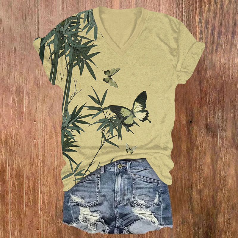 Japanese Bamboo Forest Butterfly Print V-neck T-shirt - Yellow - US32-34(5XL) - image 4