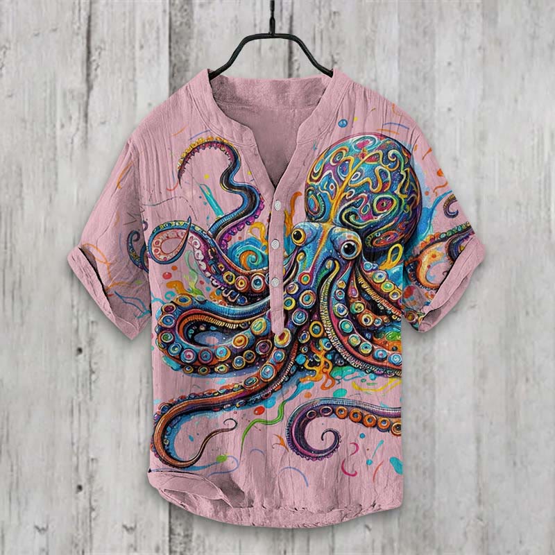 Vintage Rainbow Octopus Art Print Shirt - Pink - 5XL - image 3