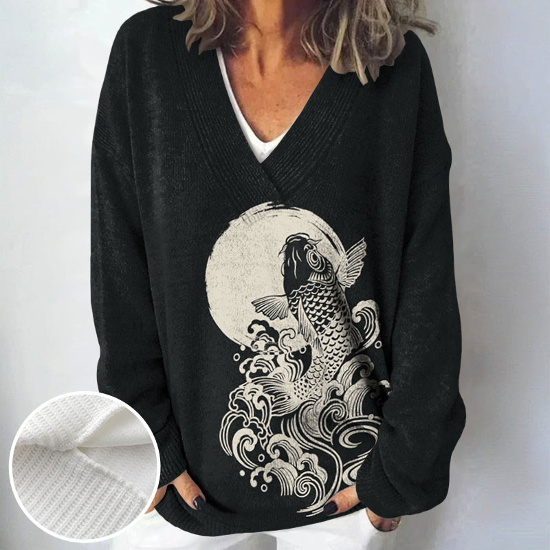 Carp Jump Sunrise Japanese Art Print Causal V-neck Pullover Sweater - image 4
