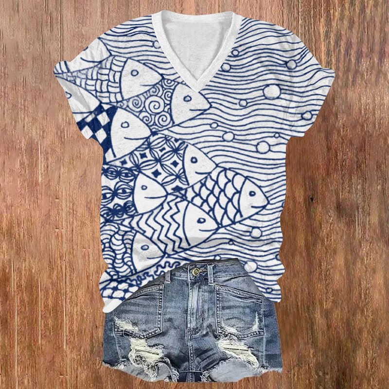 Japanese-style Simple Fish School Printed Short Sleeved V-neck T-shirt - Blue - US32-34(5XL) - image 1
