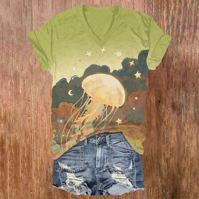 Oil Painting Star & Moon Around Jellyfish Print V-neck T-shirt - Green - US32-34(5XL) - image 3