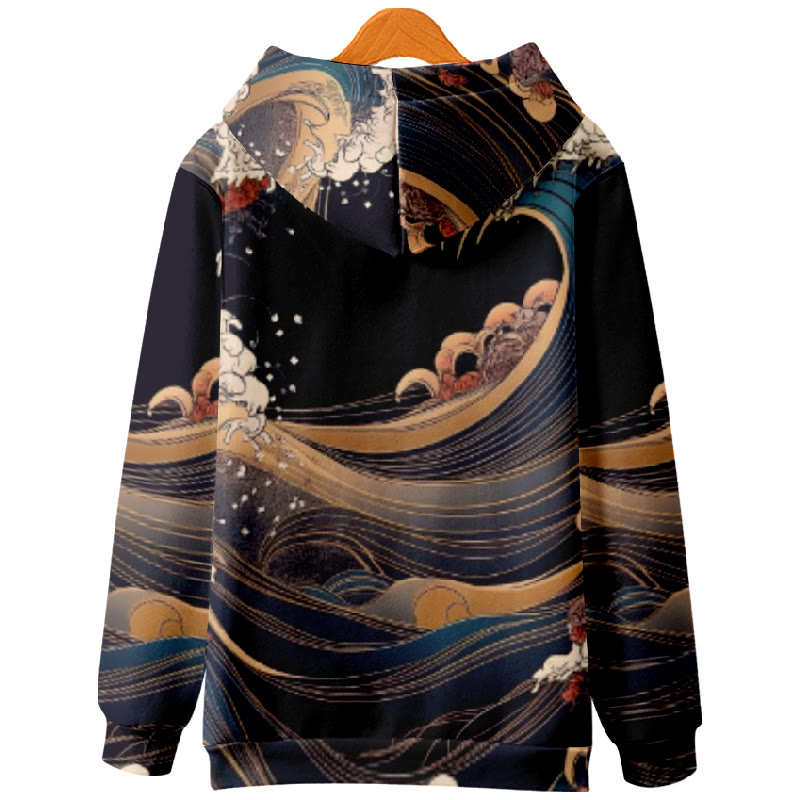 Women's Japanese Abstract Wave Floral Art Print Long Sleeve Hoodie - image 2