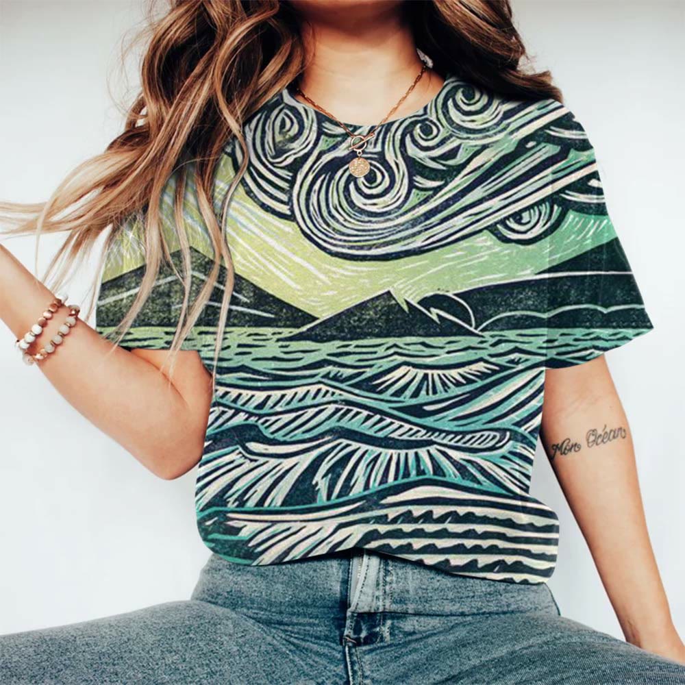 Vintage Clouds And Waves Print T-shirt