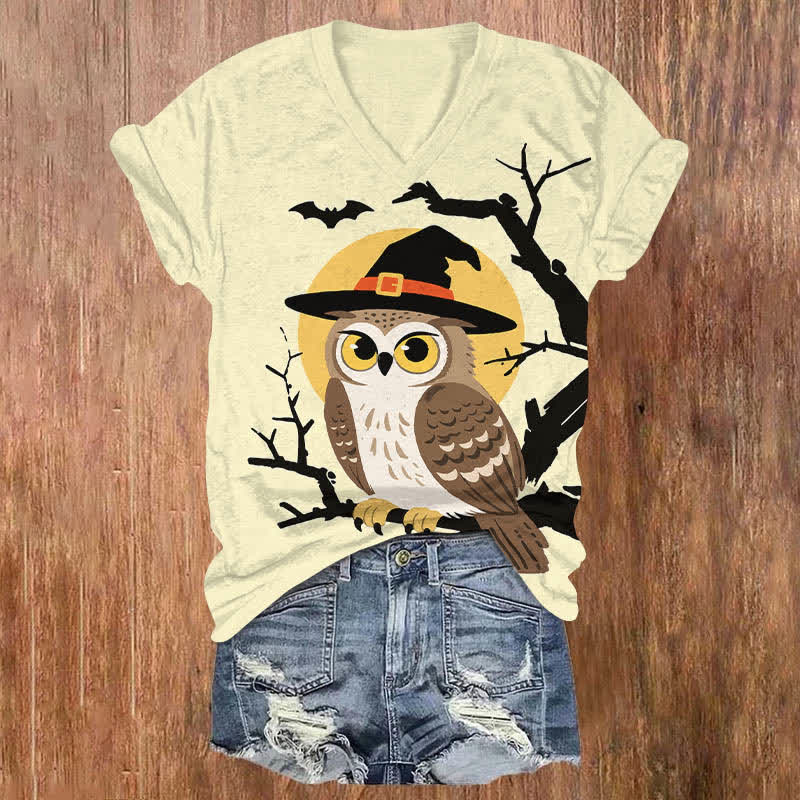 Halloween Cute Wizard Owl Art Print V-neck T-shirt - Yellow - US32-34(5XL) - image 3