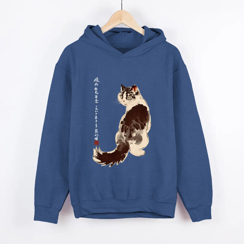 Unisex Japanese Cat Pattern Long Sleeved Hoodie - Dark Blue - US44-46(8XL) - image 4