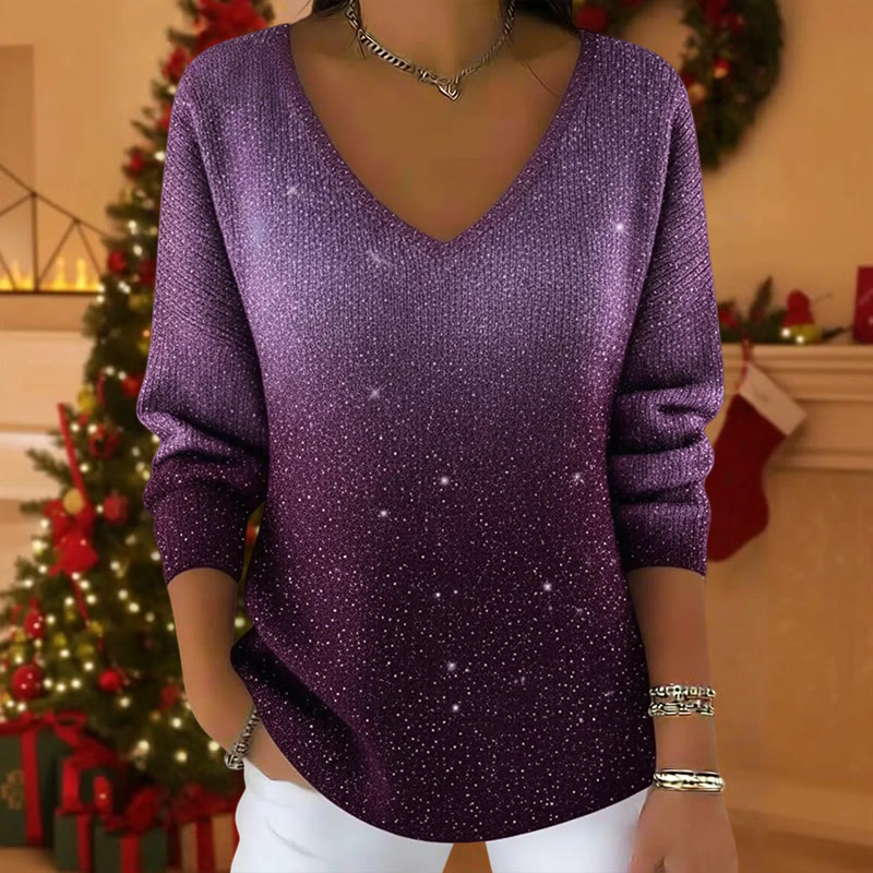 Starry Sky Gradient V-neck Long Sleeved Sweater - Purple - 5XL - image 3