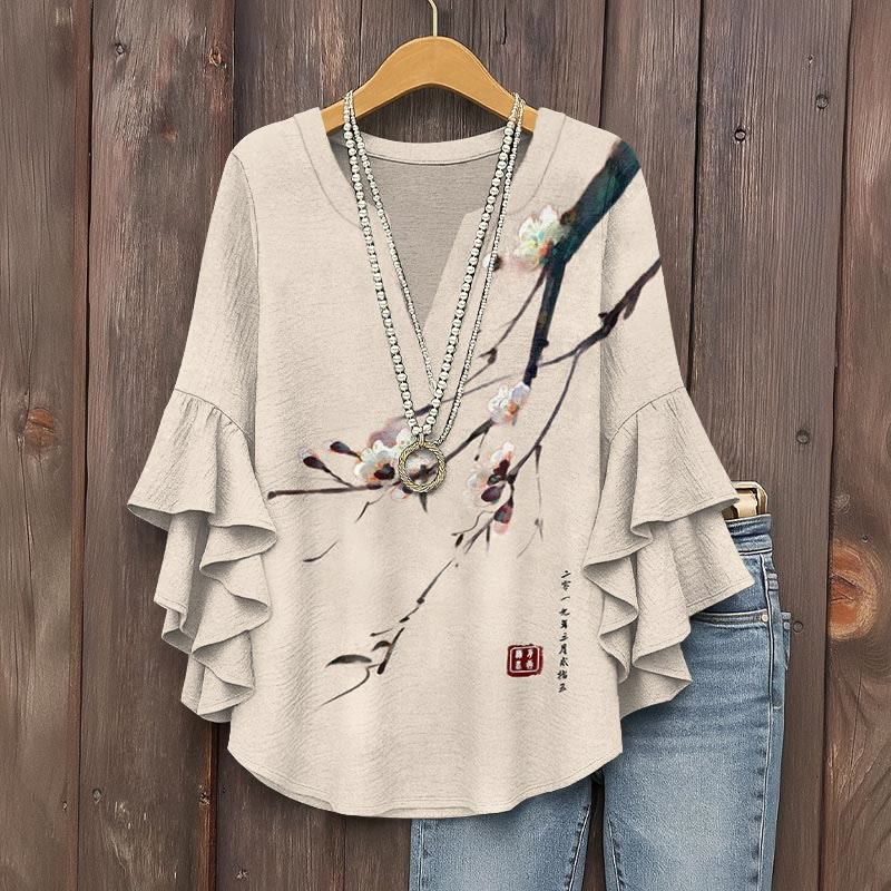 Vintage Plum Blossom Art Print V Neck Half Sleeve Blouse - Apricot - 5XL - image 5