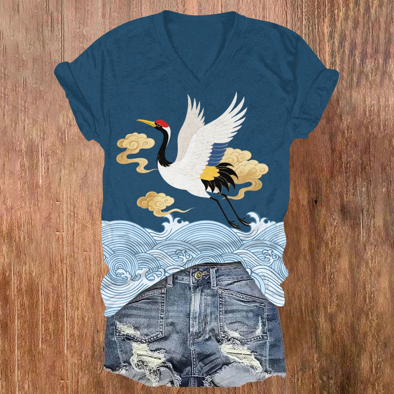 Eastern Aesthetic Crane Clouds And Waves Design Art Print V-neck T-shirt - Navy Blue - US32-34(5XL) - image 2