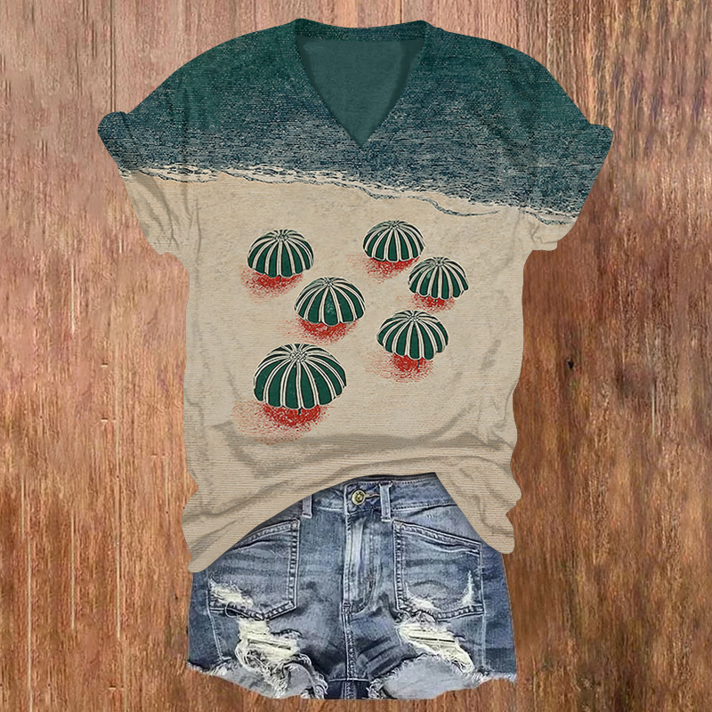 Japanese Style Beach Print Short Sleeved V-neck T-shirt - Khaki - US32-34(5XL) - image 1