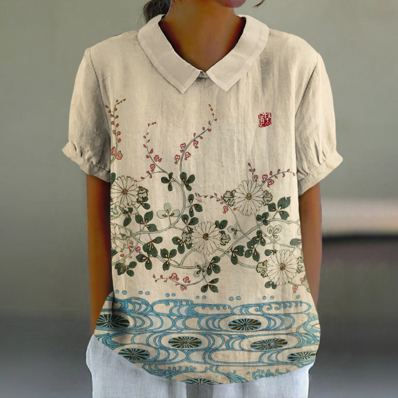 Retro Daisy Art Print Casual Lapel Loose Blouse - Apricot - 6XL - image 1