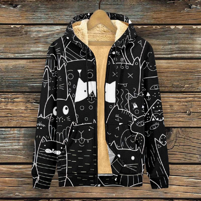 Women's Funny Abstract Cartoon Cat Face Print Fleece Jacket - image 2
