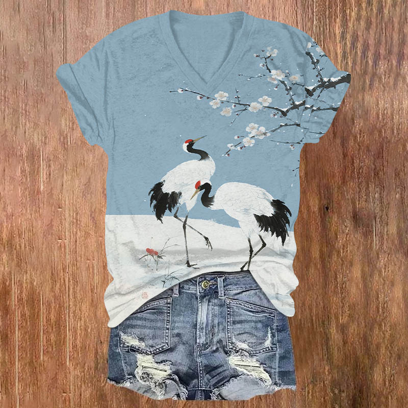Japanese Winter Crane Under Plum Blossom Tree Print V-neck T-shirt - Blue - US32-34(5XL) - image 3