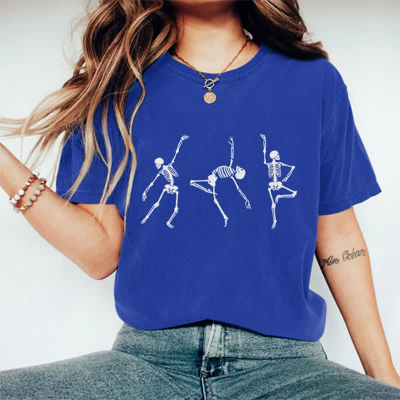 100% Cotton Women's Halloween Funny Dancing Skeleton Man Art Print Casual T-shirt - Blue - 2XL - image 8