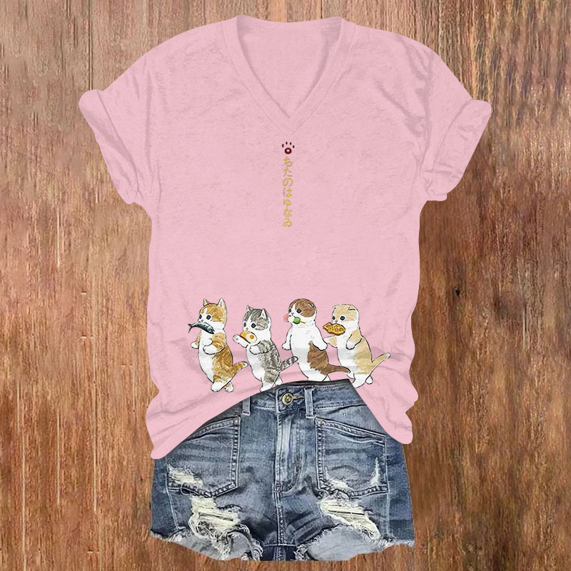 Japanese Cartoon Cat Print V-neck T-shirt - Pink - 5XL - image 4