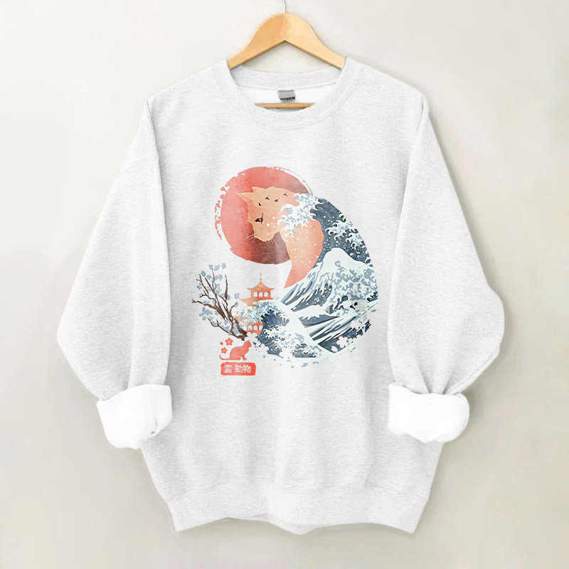 100% Cotton Japanese Style Wave Cat Print Crew Neck Sweatshirt - White - 2XL - image 2