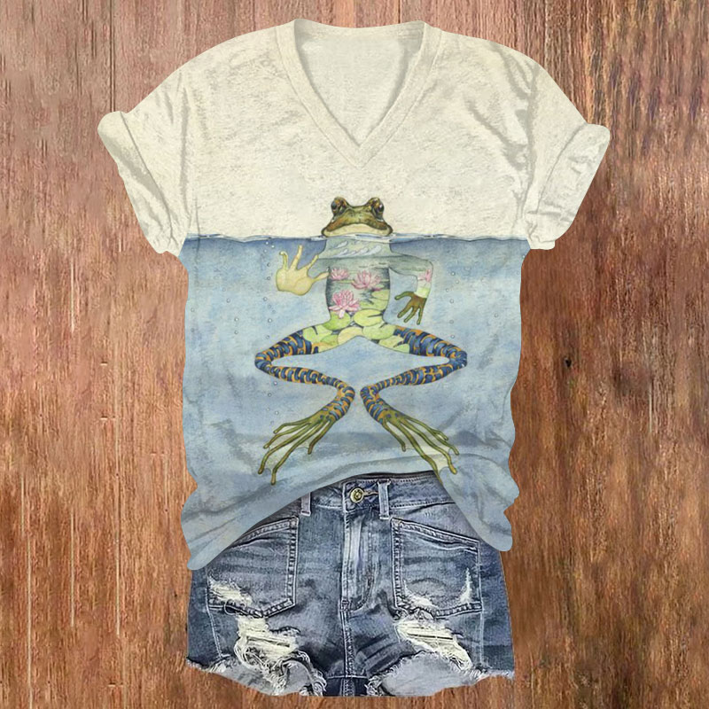 Watercolor Lotus Frog Print T-shirt - Light Blue - 5XL - image 1