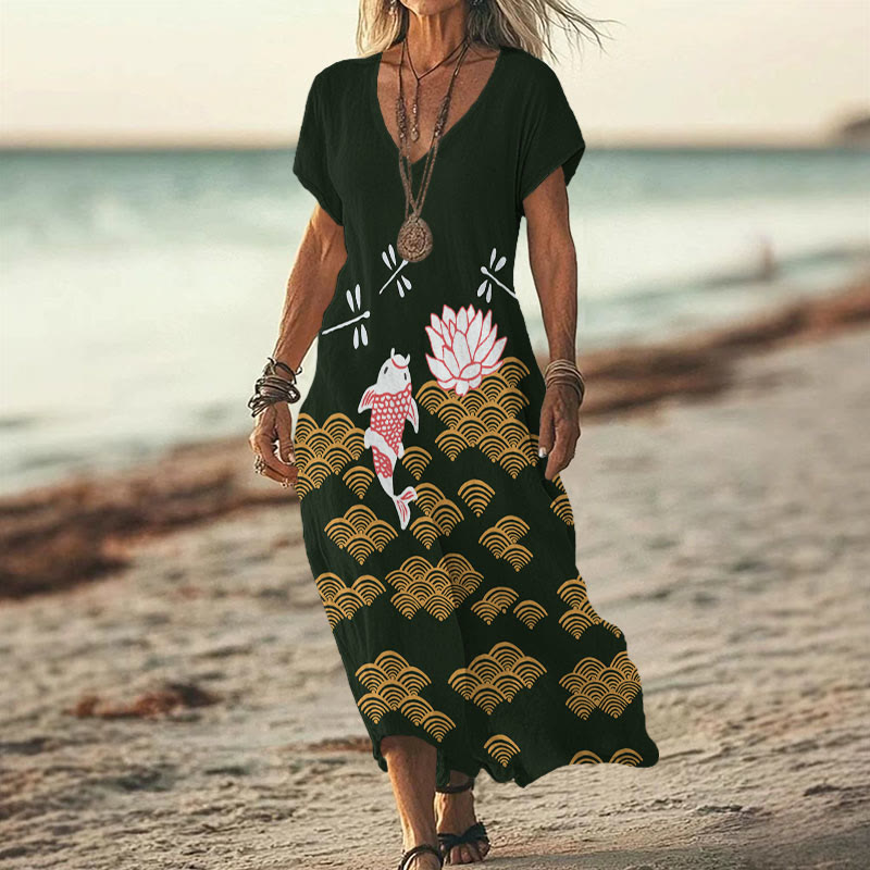 Japanese Style Koi Fish Dragonfly Wave Art Print V-neck Dress - Dark Green - 6XL - image 5