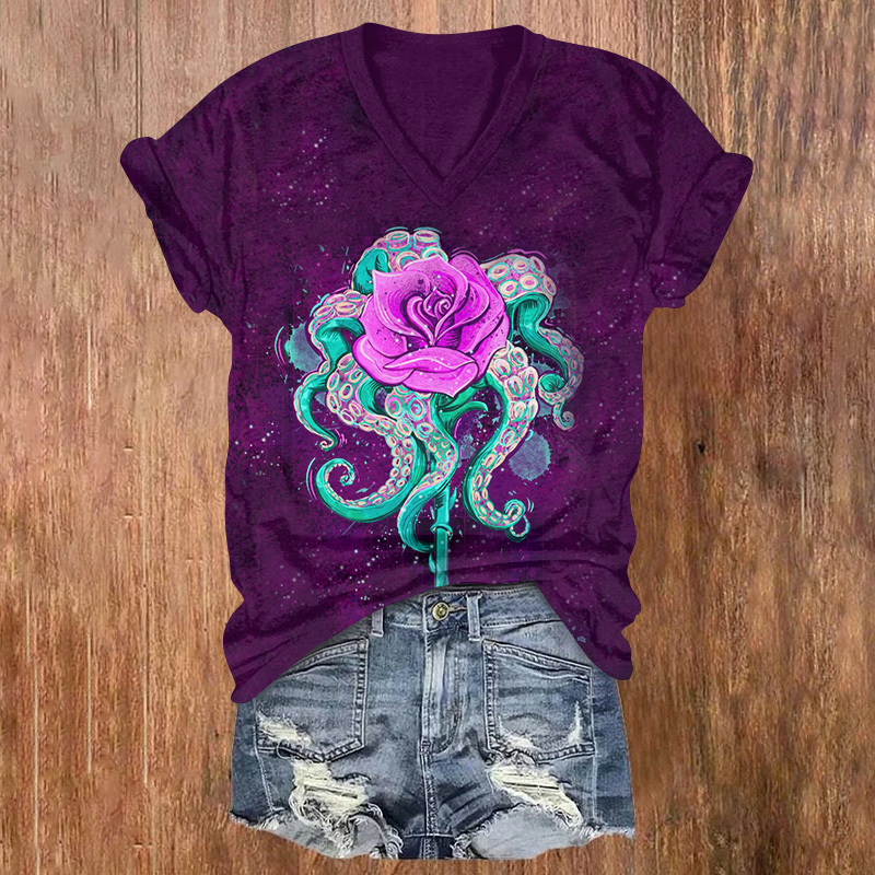 Purple Fluorescent Flower And Octopus Printed Short Sleeved V-neck T-shirt - Purple - US32-34(5XL) - image 1