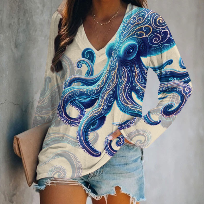 Vintage Wise Ocean Octopus Print Long Sleeve T-shirt - Apricot - 5XL - image 3