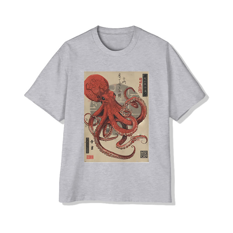 Japanese Vintage Red Octopus Print Short Sleeved Crew Neck T-shirt - Grey - 2XL - image 4