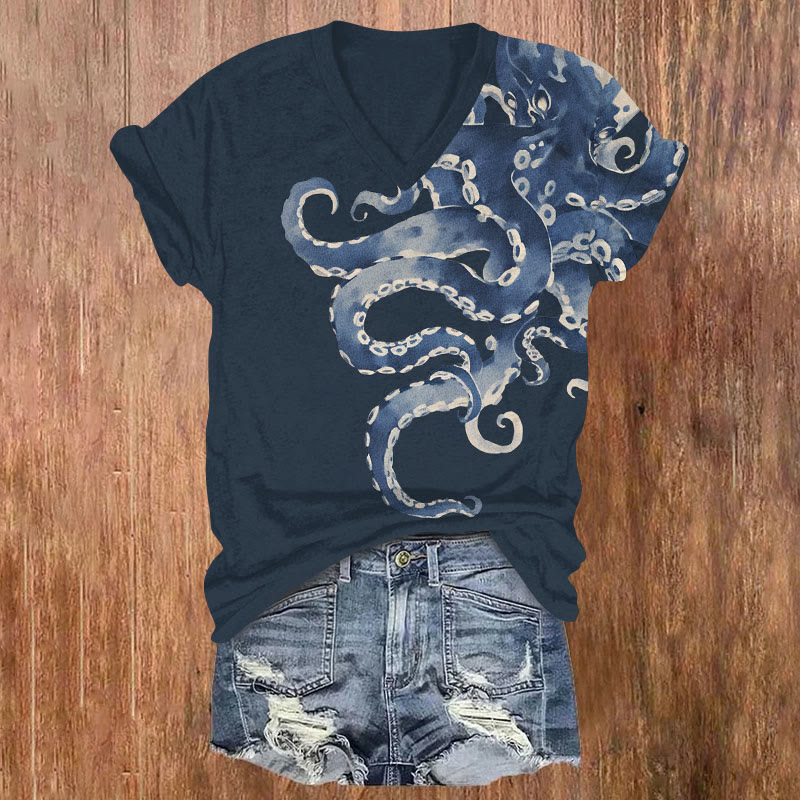 Japanese Watercolor Octopus Art Print T-shirt - Blue - US32-34(5XL) - image 3