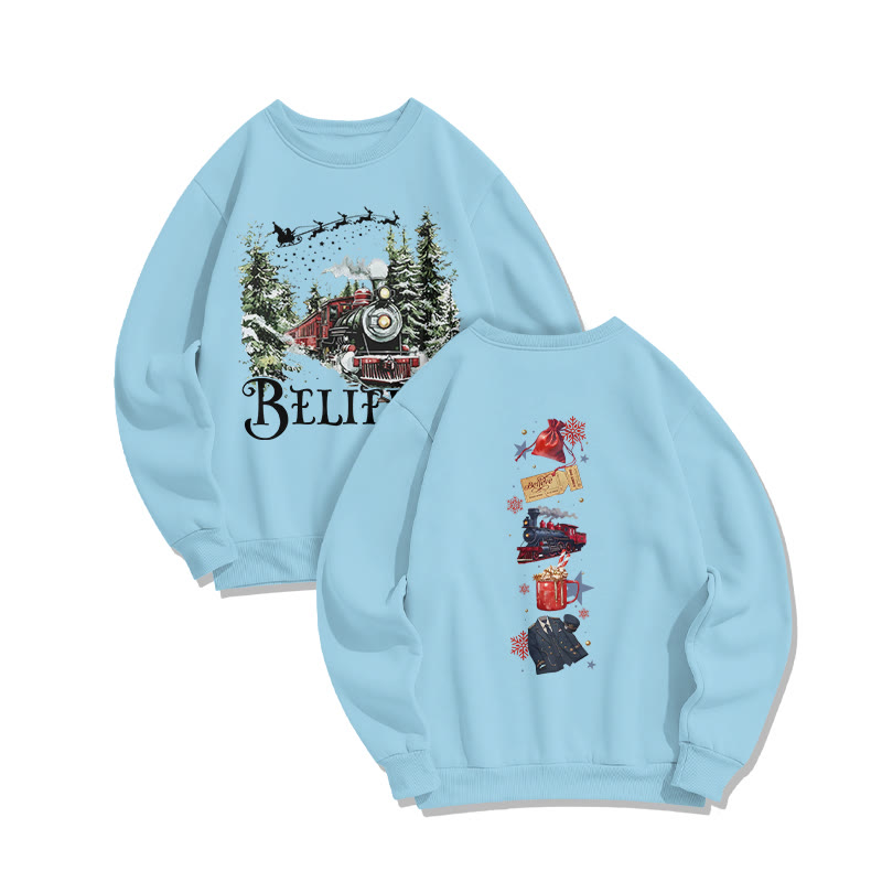 Unisex Believe Steam Locomotive Christmas Print Sweatshirt - Blue - US16-18(2XL) - image 10
