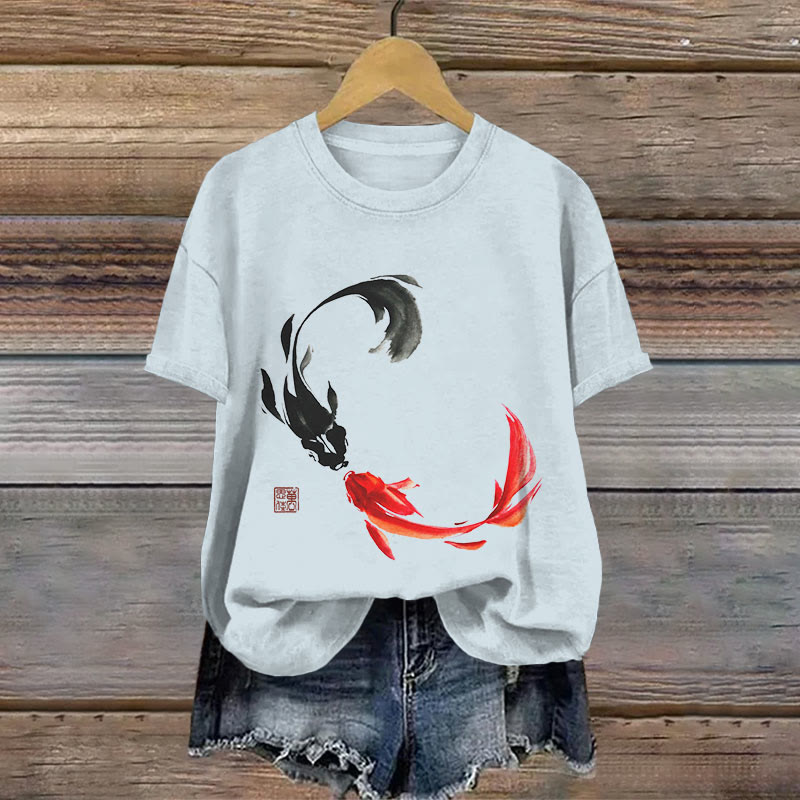 100% Cotton Vintage Japanese Black And Red Kissing Koi Art Print T-shirt