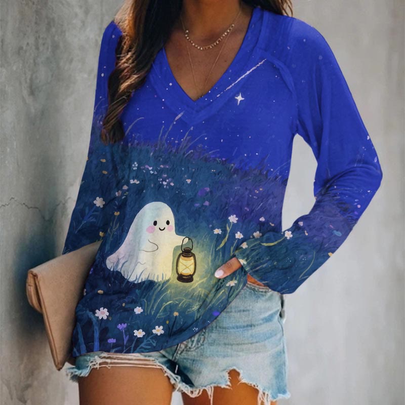 Halloween Lovely Ghost Holding Kerosene Lamp Art Print Long Sleeve T-shirt - Blue - 5XL - image 3