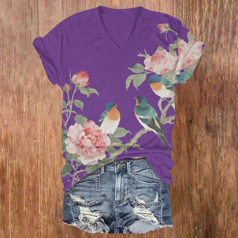Vintage Rose Blossom & Bird Art Print V-neck T-shirt - Purple - US32-34(5XL) - image 2
