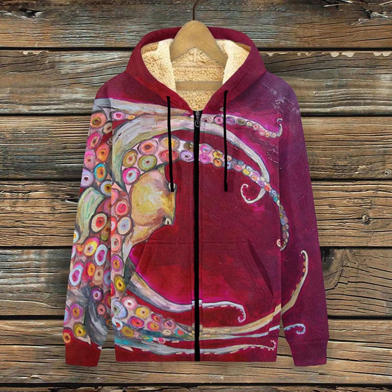 Colorful Octopus Art Painting Print Fleece Jacket - Red - 4XL - image 1