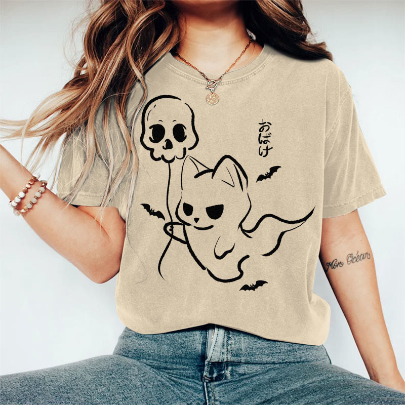 100% Cotton Women's Halloween Cat Holding Ghost Balloon Art Print Casual T-shirt - Khaki - 2XL - image 5