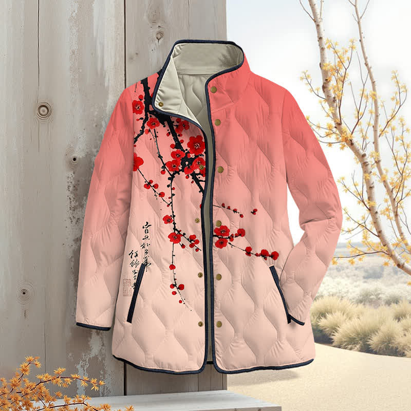 Japanese Vintage Plum Blossom Art Print Outerwear Jackets - Pink - 4XL - image 5