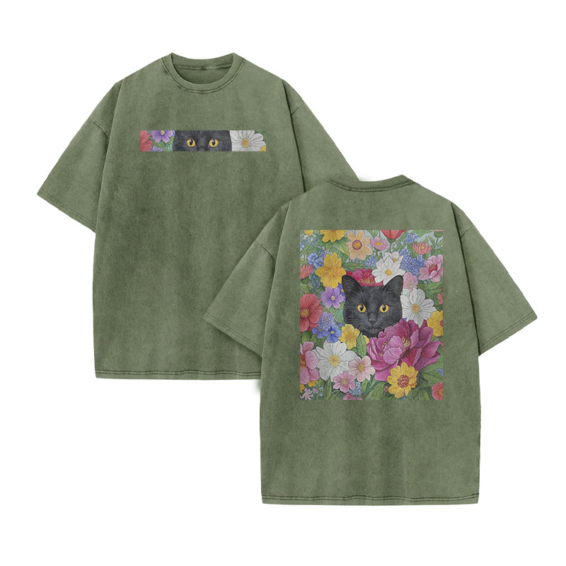 A Black Cat In A Field Of Colorful Flowers Print Acid Washed T-shirt - Army Green - US20-22(3XL) - image 7