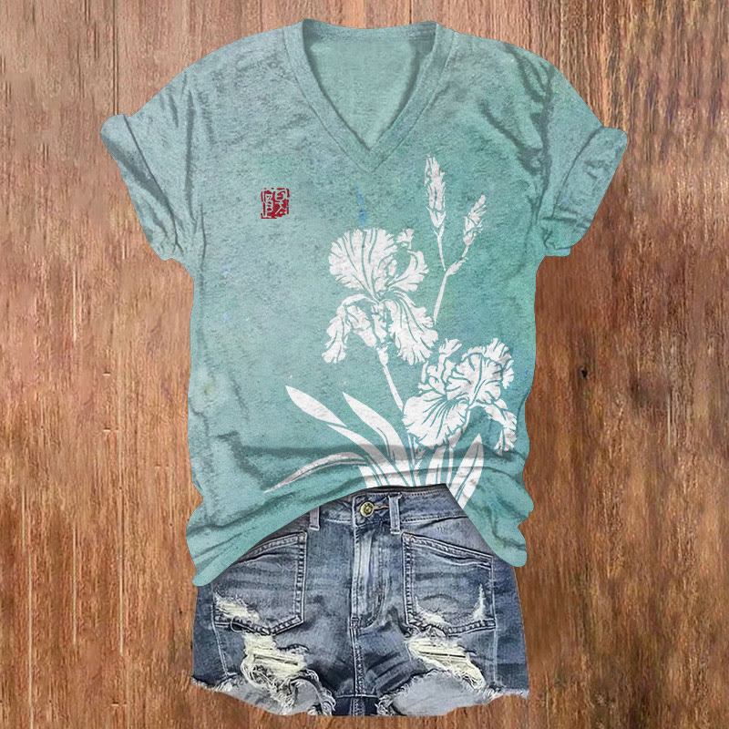 Japanese Ink-wash Gradient Irises Pattern Print Short Sleeved V-neck T-shirt - Light Green - US32-34(5XL) - image 5