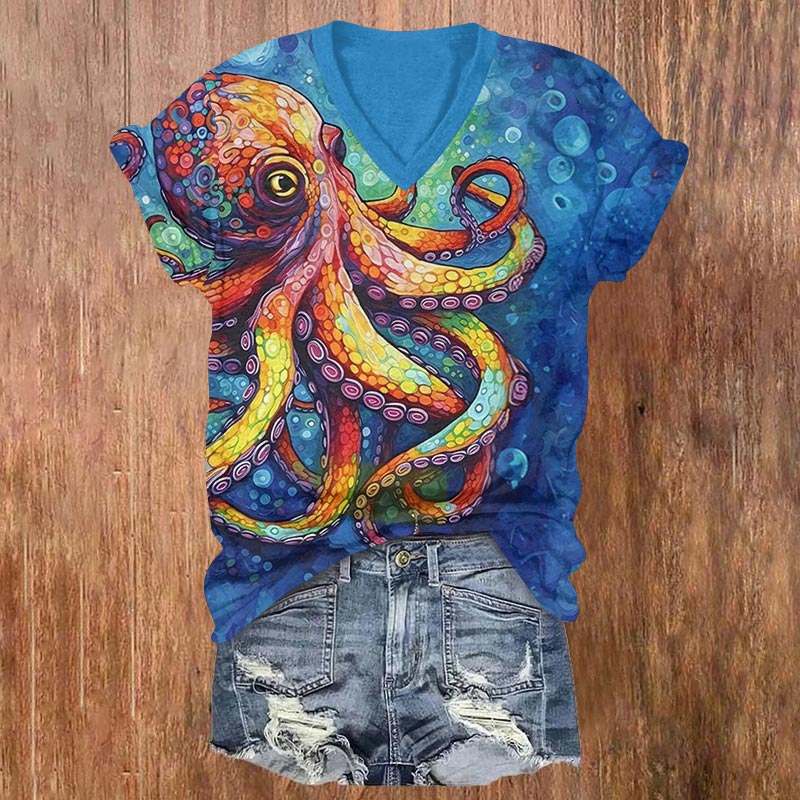 Colorful Ombre Geometric Octopus Print V-neck T-shirt - Royal Blue - US32-34(5XL) - image 2