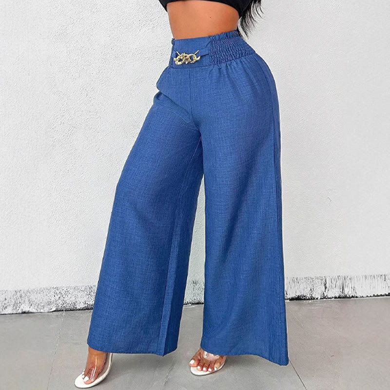 Soid Loose Fit Metal Embellishment Elastic Waist Wide-leg Pants - Blue - XL - image 3