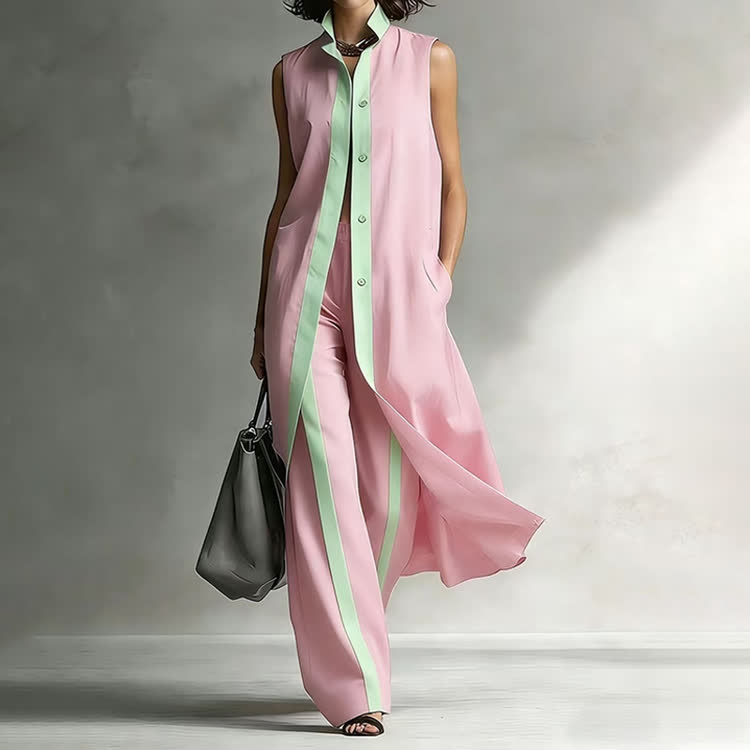 Elegant Solid Color-block Lapel Sleeveless  Pocket Long Cardigan Top &  Pants Set - Pink - 3XL - image 3