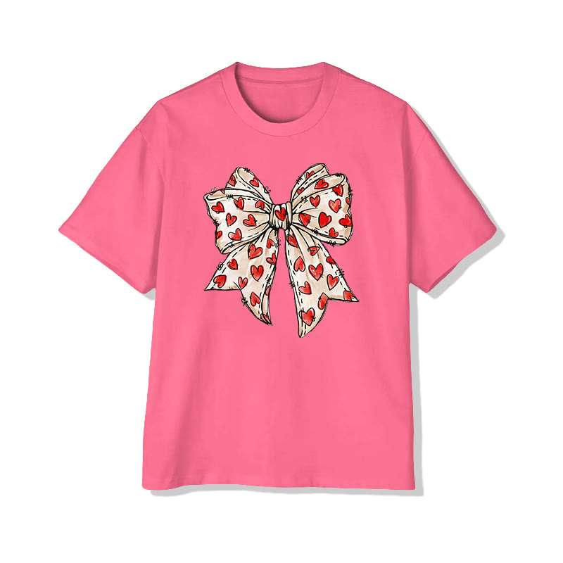 Heart-patterned Bow Valentine's Day Print T-shirt - Rose - 8XL - image 4