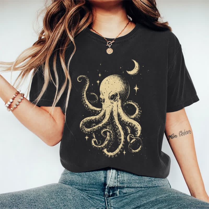 100% Cotton Japanese Watercolor Star & Moon Octopus Art T-shirt - Black - 2XL - image 5