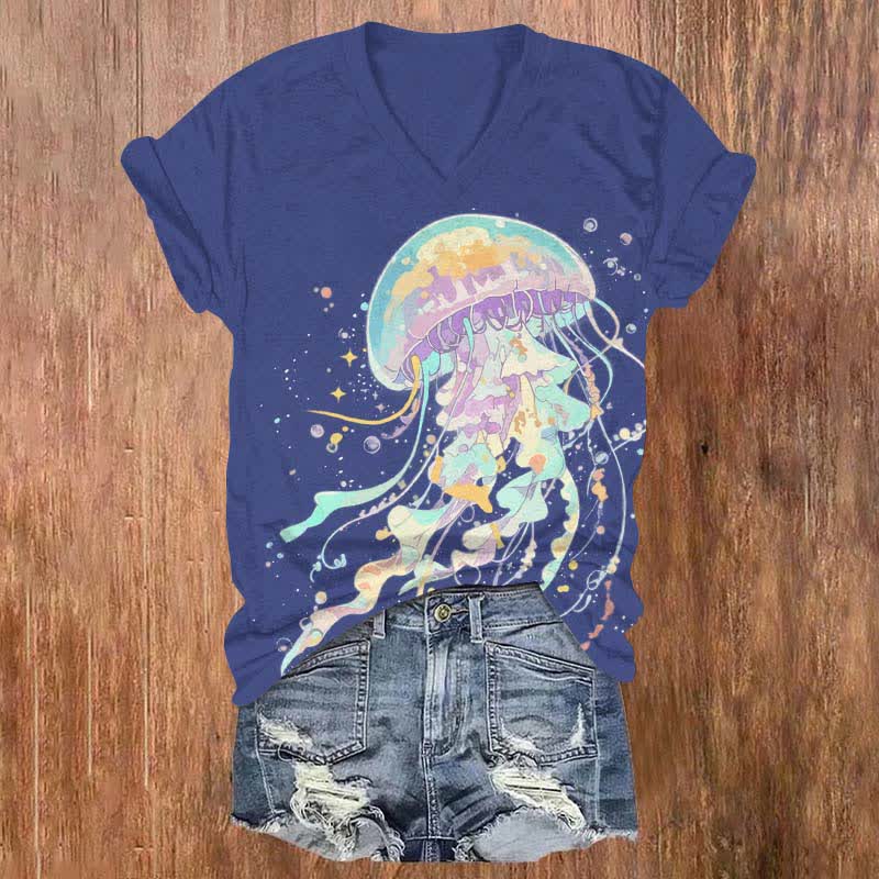 Vintage Wonderful Jellyfish Art Print V-neck T-shirt - Royal Blue - US32-34(5XL) - image 3