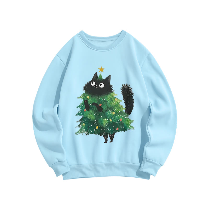 Fun Cat Christmas Tree And Printed Long Sleeved Crewneck Sweatshirt - Blue - US16-18(2XL) - image 4