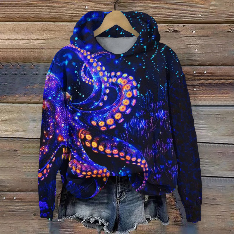 Colorful Creative Underwater Octopus Print Casual Long Sleeve Hoodie - Blue - 8XL - image 1