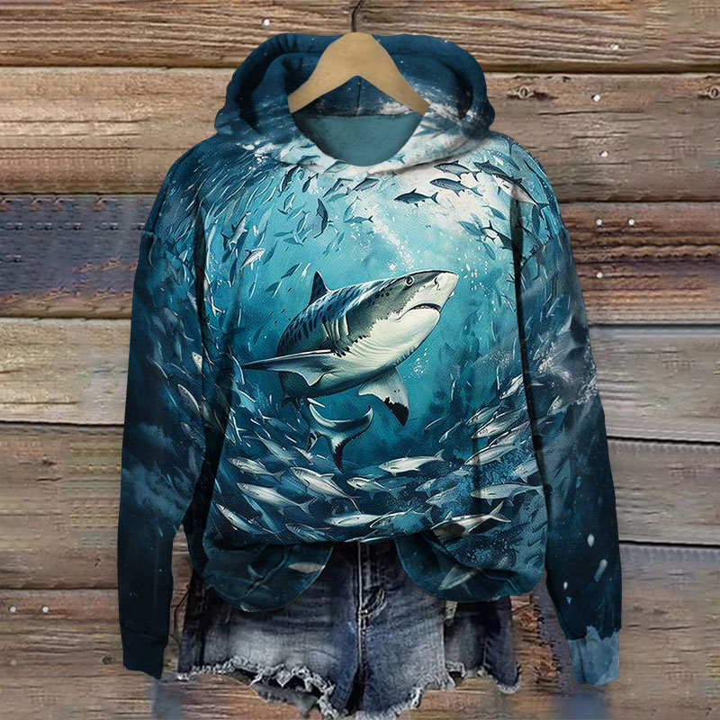Shark Print Long Sleeve Hoodie - Blue - 8XL - image 1
