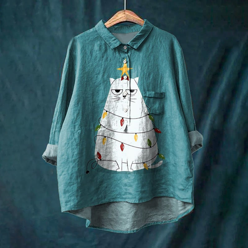 Funny Cat And Christmas Decoration Graphic Print Casual Lapel Blouse - image 4