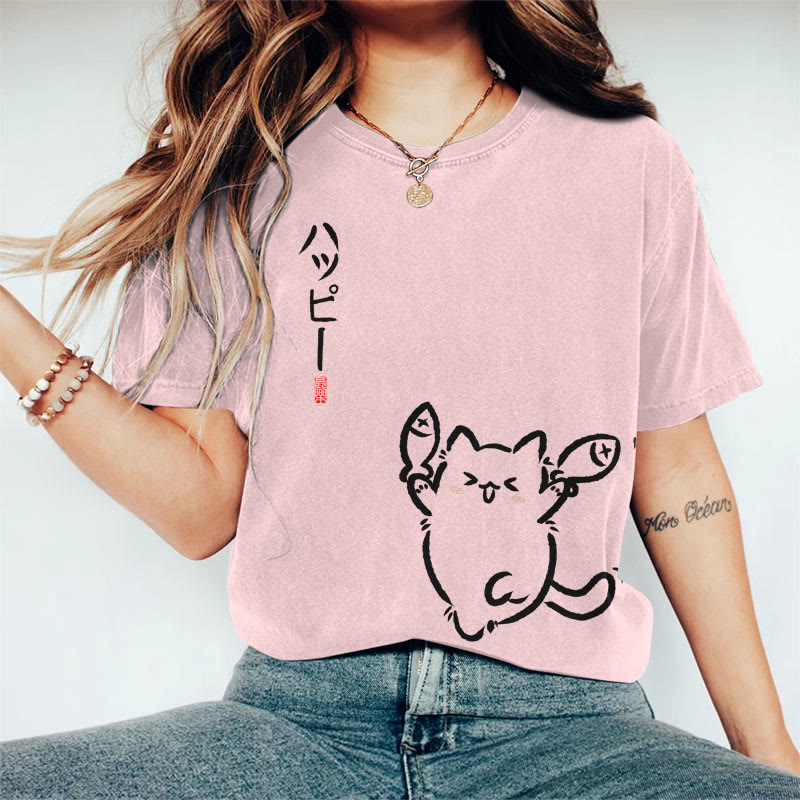 100% Cotton Women's Japanese Lovely Cat Holding Fish Art Print Casual T-shirt - Pink - 2XL - image 3