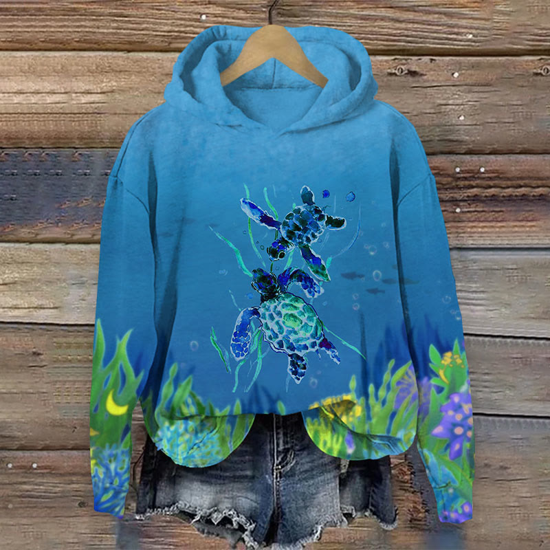 Ocean Turtle Under Sea Print Long Sleeve Hoodie - Blue - US44-46(8XL) - image 2
